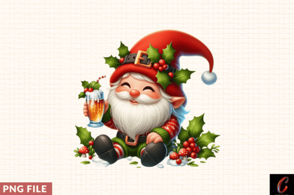 Gnome with Drink and Holly Clipart Png