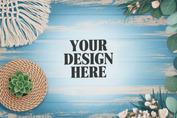 Light Blue Boho Flat Lay Background Mock: Elevate Your Design Projects with Style and Simplicity